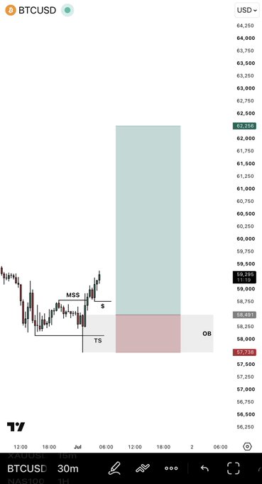 BTCUSD 30m chart showing price around $59,295 with a Market Structure Shift (MSS), bullish setup (TS/S), and a projected green move toward $62,358 target above an order block (OB) at $58,491—reflecting a bullish outlook despite the family dinner break.
