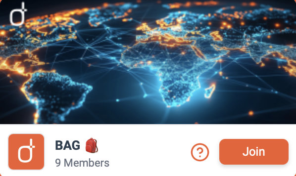 A user interface screenshot showing a world map graphic above a banner for a group named "BAG" with "9 Members" and a red "Join" button.