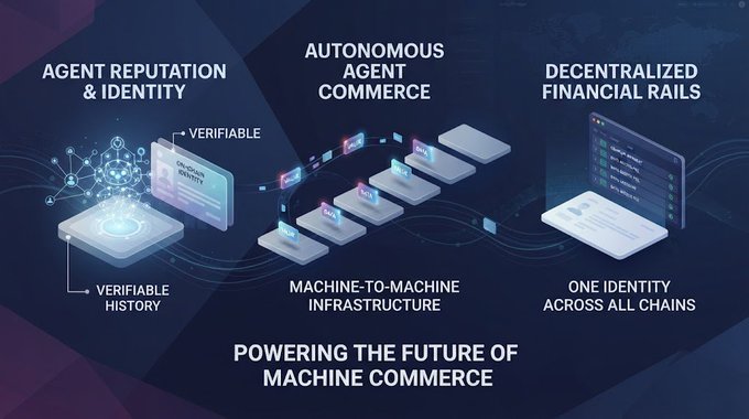 A presentation slide titled 'POWERING THE FUTURE OF MACHINE COMMERCE' showing three categories: 'AGENT REPUTATION & IDENTITY', 'AUTONOMOUS AGENT COMMERCE', and 'DECENTRALIZED FINANCIAL RAILS'.