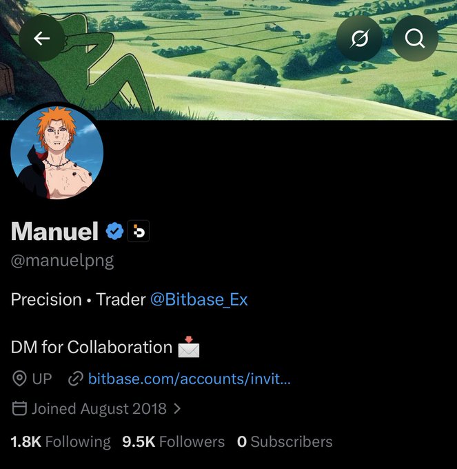 A Twitter profile screenshot shows “Manuel” (@manuelpng) with a verified badge, describing himself as “Precision • Trader @Bitbase_Ex” and inviting direct messages for collaboration. The post announces Manuel becoming an affiliate of Bitbase.Ex, highlighting its low taker fees and USDT bonus community activities; the profile also lists 1.8K following, 9.5K followers, and 0 subscribers.