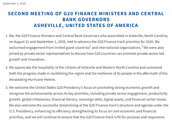 The image shows the opening paragraphs of a communique from the Second Meeting of G20 Finance Ministers and Central Bank Governors, held in Asheville, United States on August 31 and September 1, 2026, welcoming the U.S. G20 Presidency's focus on priorities including private sector engagement, productivity growth, global imbalances, financial literacy, sovereign debt, digital assets, and financial sector issues.

This document provides the official context for the G20's endorsement of digital assets as a growth driver, with the communique explicitly listing "digital assets" among its key priorities alongside calls for clearer regulations and stronger frameworks like FATF implementation.