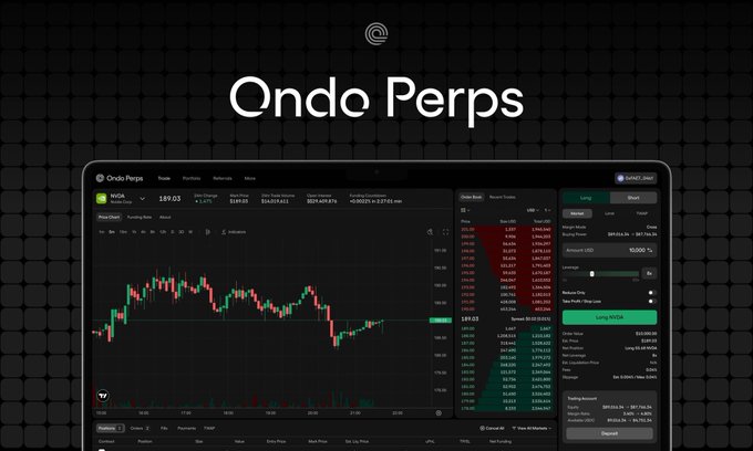 Screenshot of the Ondo Perps trading platform dashboard showing an NVDA (NVIDIA) trading chart at $189.03 with order book and long position interface.