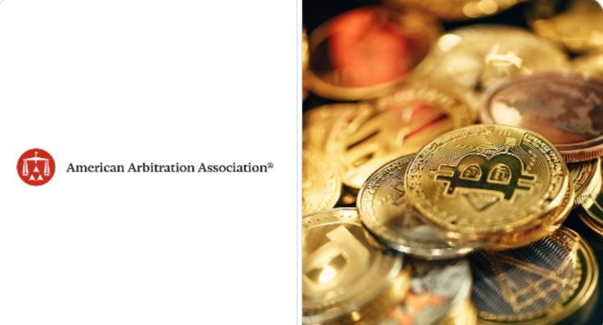 The American Arbitration Association logo is shown alongside a pile of gold Bitcoin and other cryptocurrency coins, symbolizing the organization's new Web3 Panel for digital asset disputes.