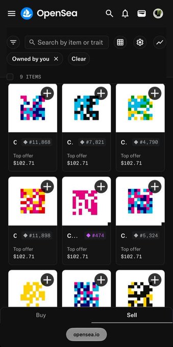 A mobile screenshot of the OpenSea app showing a collection of 9 colorful pixel-art NFT items filtered by "Owned by you," each with a top offer of $102.71 and varying crypto prices (e.g., 11.868 ETH, 7.821 ETH, 474 USDC). The image illustrates that these NFTs, despite the caption "8$ to 88$," actually have offers of $102.71—far exceeding the suggested low price range, highlighting a mismatch between the caption's implication and the listed top offers.