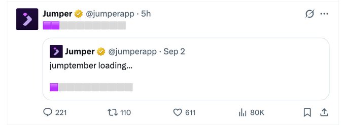 A screenshot of a tweet from the verified Jumper (@jumperapp) account quoting an earlier September 2nd post that said "jumptember loading.." alongside a partially filled purple loading bar, showing 221 replies, 110 reposts, 611 likes, and 80K views. The current tweet features a second, more filled loading bar, illustrating Jumper's progressive tease of an upcoming "Jumptember" announcement.