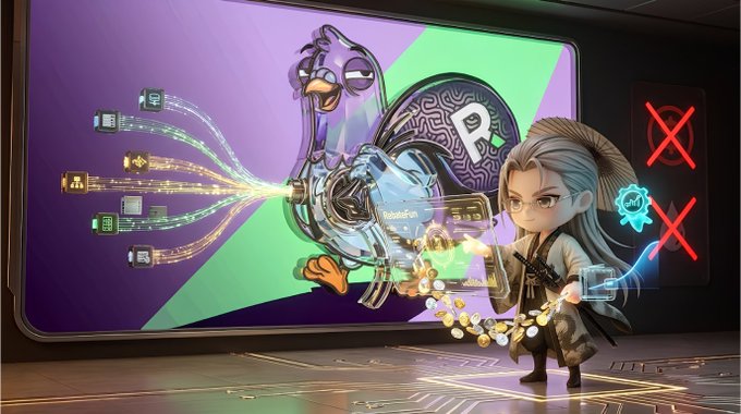 An anime-style character holds a glowing shell with crystal elements alongside a cartoon penguin, while data streams flow toward a large "R" emblem flanked by red X-marks, visually symbolizing the contrast between flashy user-count milestones and the practical economic value RebateFun delivers to Web3 users.