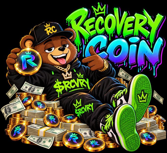 A cartoon bear mascot in streetwear sits on piles of gold coins and cash holding an 'R' coin, with graffiti-style text reading 'RECOVERY COIN' and '$RCVRY' in green and purple.
