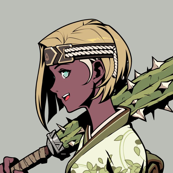 Stylized illustration of a blonde female character in profile with green eyes, wearing a headband and floral-patterned clothing, holding a spiked green weapon.
