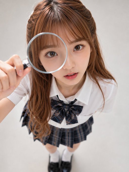 A high-angle photo of a young Asian woman in a school uniform (white shirt with plaid bow tie and pleated skirt) holding a magnifying glass up to one eye.