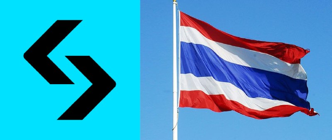A black double-chevron logo on a bright cyan background beside a waving Thai flag against a blue sky.