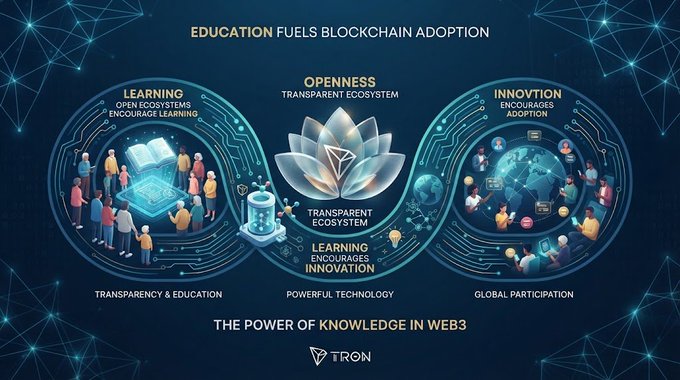 An infographic titled 'EDUCATION FUELS BLOCKCHAIN ADOPTION' from TRON, illustrating the power of knowledge in Web3 through learning, openness, and innovation.