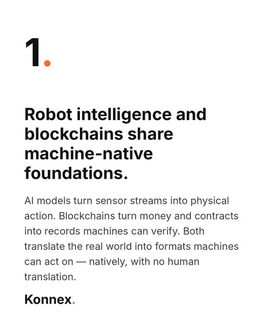 A graphic with a large '1.' at the top, headline 'Robot intelligence and blockchains share machine-native foundations.', explanatory text, and the 'Konnex.' brand logo.