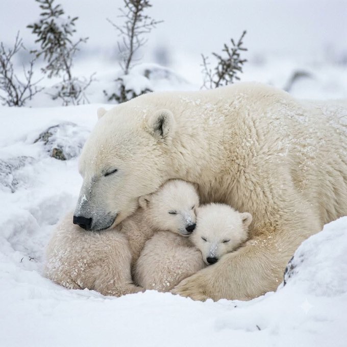 A mother polar bear rests protectively in the snow, cradling her two cubs close as they sleep peacefully against her. The tender scene reflects the post's themes of belief, care, and action—mirroring the nurturing bond between parent and offspring that turns love into lasting protection.