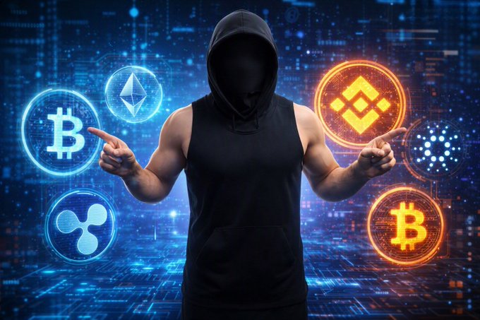 A hooded figure pointing at glowing cryptocurrency logos including Bitcoin (BTC), Ethereum (ETH), Ripple (XRP), Cardano, and Binance Coin against a digital blue background.