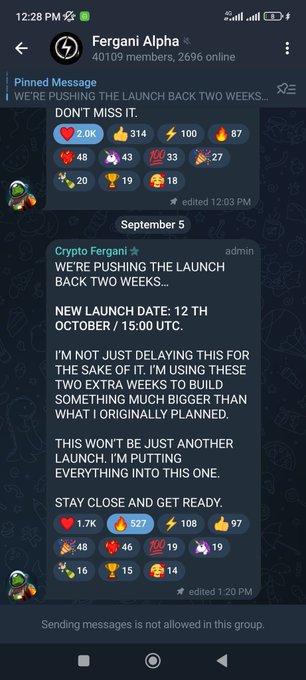 A Telegram screenshot from the Fergani Alpha group showing a pinned message from admin Crypto Fergani announcing that the launch is being pushed back to October 12th / 15:00 UTC, with significant engagement reactions.