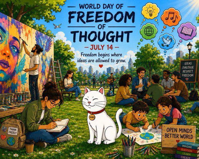 A vibrant illustration depicts people of various ages expressing themselves through art, music, dialogue, and writing in a sunny park for "World Day of Freedom of Thought - July 14," with the message "Freedom begins where ideas are allowed to grow." The scene includes a white cat, children drawing on a poster reading "Open Minds Better World," and signs displaying "Ideas, Dialogue, Respect, Freedom" and "Imagine, Question, Learn, Create," visually reinforcing the post's celebration of curiosity, creativity, and the freedom to think differently as championed by $SHIRO.