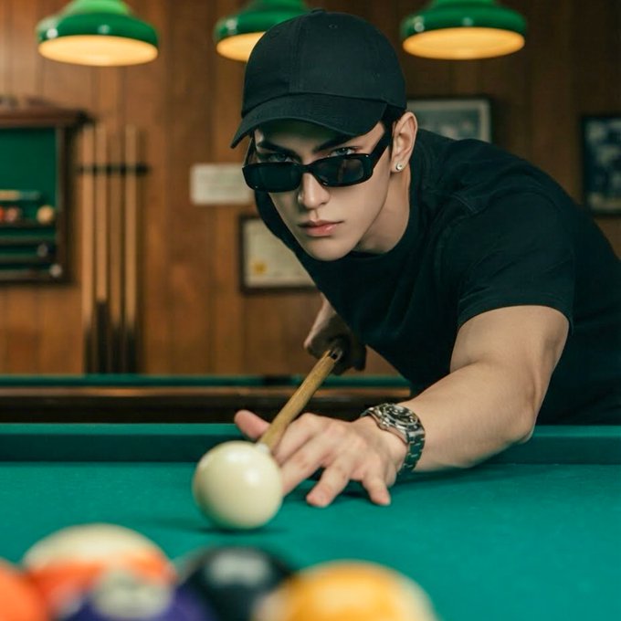 A young man wearing a black cap, sunglasses, and black t-shirt plays pool, leaning over a green table to take a shot with a cue stick.