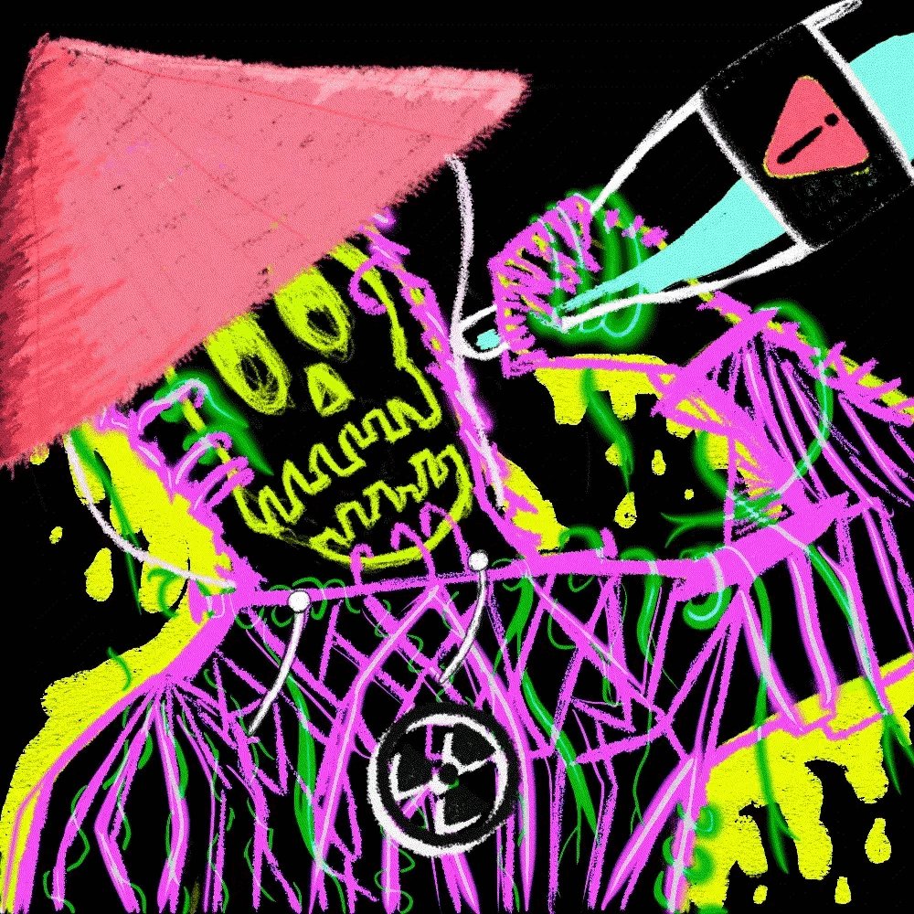 The image features a colorful, abstract drawing of a person with a face wearing a hat that has neon pink and green colors. The person appears to be holding a spray paint can or marker, which adds an element of creativity and artistic expression to the scene. The background is black, providing contrast for the vibrant colors in the foreground. The image also includes text elements such as "GM $REKT" and "LEGEND! NO POWER BOTTOMS IN SIGHT!".