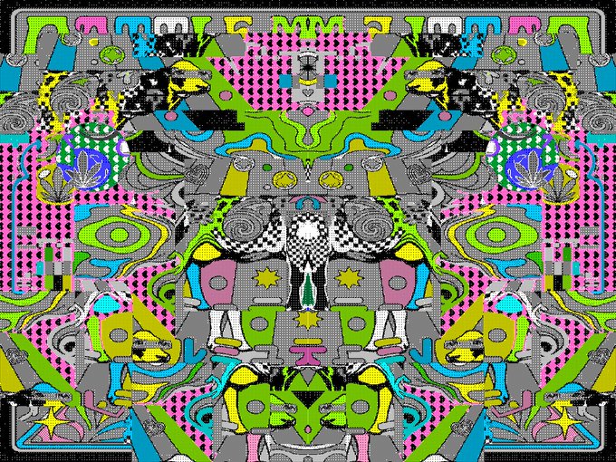 A vibrant, symmetrical abstract digital artwork featuring psychedelic patterns, stars, faces, and bold colors like pink, green, blue, and yellow.