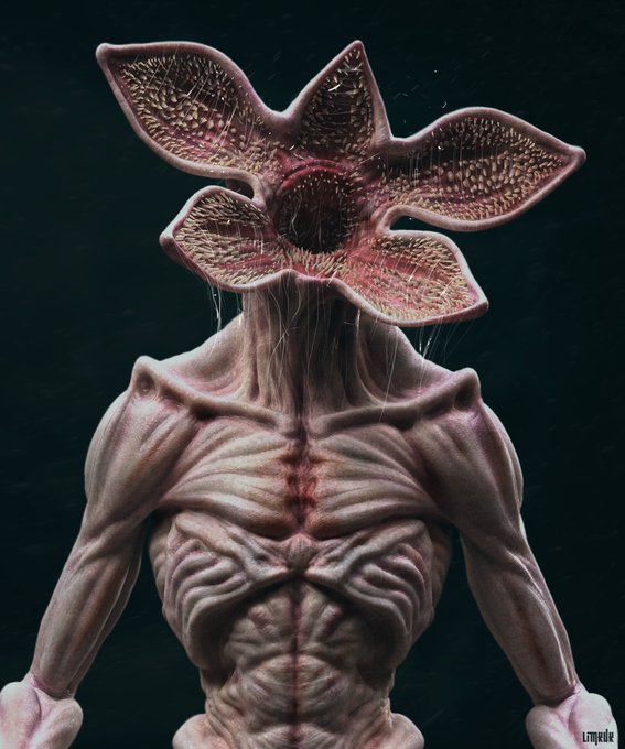 This image shows a creature resembling the Demogorgon from Stranger Things, featuring its iconic petal-like mouth. The accompanying post suggests this creature's design could inspire a Pepe-themed helmet accessory for the @PepeExplorers collection.