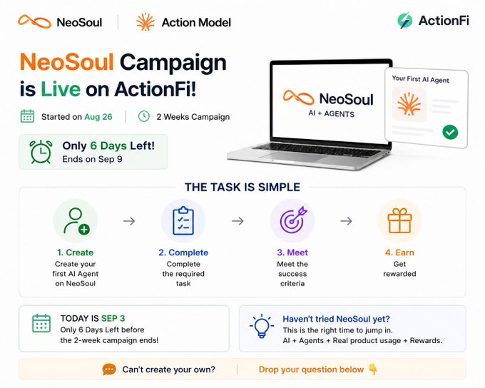 A promotional banner for 'NeoSoul Campaign is Live on ActionFi!' featuring logos for NeoSoul, Action Model, and ActionFi, along with a 4-step task guide (Create, Complete, Meet, Earn) and a countdown of 6 days left.