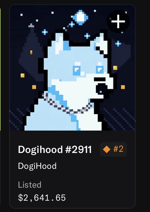 A digital NFT listing for 'Dogihood #2911' by DogiHood, featuring a pixelated white dog character and listed at $2,641.65 with a #2 ranking.