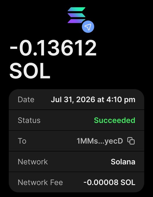 A cryptocurrency transaction confirmation on the Solana network showing a successful transfer of -0.13612 SOL to address 1MMs...yecD on July 31, 2026.