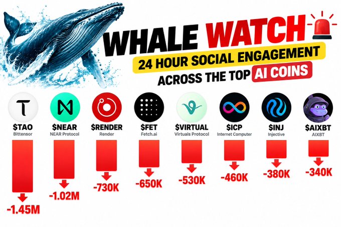 A "Whale Watch" infographic displays 24-hour social engagement declines for top AI coins, led by $TAO at -1.45M and $NEAR at -1.02M, followed by Render (-730K), Fetch.ai (-650K), Virtuals Protocol (-530K), Internet Computer (-460K), Injective (-380K), and AIXBT (-340K), with red downward arrows emphasizing losses across all listed tokens. The image visualizes the post's data showing that $TAO and $NEAR together account for 44% of total engagement.