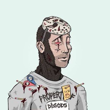 An illustration of a bearded man wearing a 'PROPERTY OF GODS' shirt, with a bloody and ripped shirt revealing what appears to be Jason Voorhees from Friday the 13th visible through his open chest cavity.