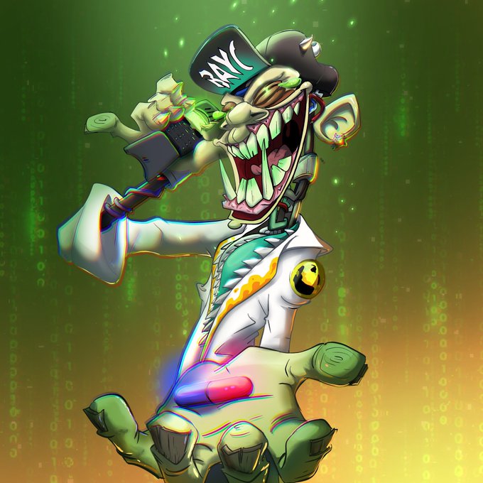 A vibrant digital illustration of a monstrous zombie-like character wearing a 'RAVE' cap and white suit jacket, holding a bone-like object against a green binary code background.