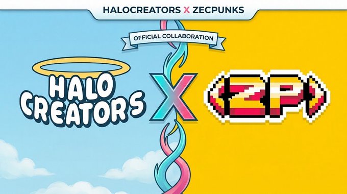 A promotional graphic announces the "HALOCREATORS X ZECPUNKS" official collaboration, featuring the Halo Creators logo with a halo on the left and a pixelated "ZEP" logo on the right, set against a split sky-blue and yellow background connected by a DNA-like helix. The image visually represents the partnership mentioned in the post, which invites fans to join their Discord for a whitelist raffle.