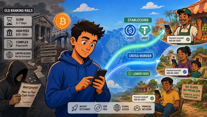 An illustrated infographic contrasts 'OLD BANKING RAILS' (listing slow 3-7 days, high fees $25-$50+, complex paperwork, limited access) on the left with crypto benefits like 'STABLECOINS' (USDC, USDT), 'CROSS-BORDER' transfers, 'LOWER FEES', and a 'WHITEPAPER Peer-to-Peer Cash Token' on the right, showing people receiving payments globally.