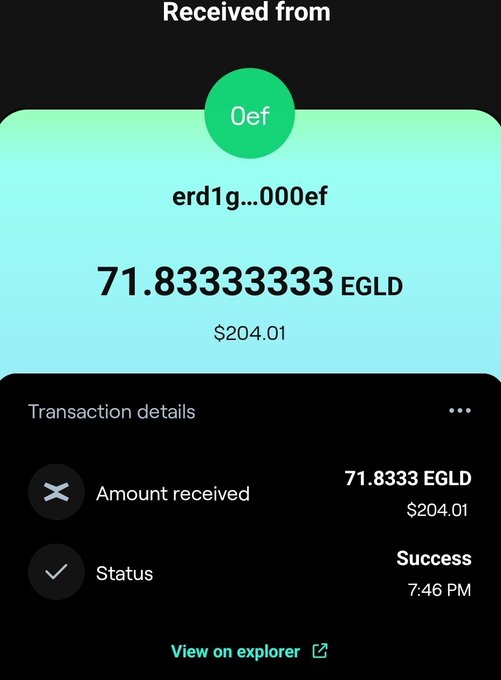 The image shows a cell phone screen displaying a transaction details page for an EGLD exchange. The screen has a green background, black text, and a green circle with the word "EGLD" written inside of it. There are several buttons on the screen that appear to be related to viewing or interacting with the transaction details. The image also contains some text in the bottom right corner which reads: "View on explorer @MultiversX".