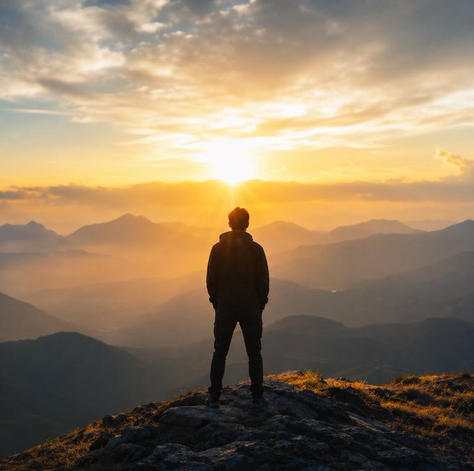 A silhouette of a person standing on a rocky mountain peak, watching a golden sunset over a vast, misty mountain range.