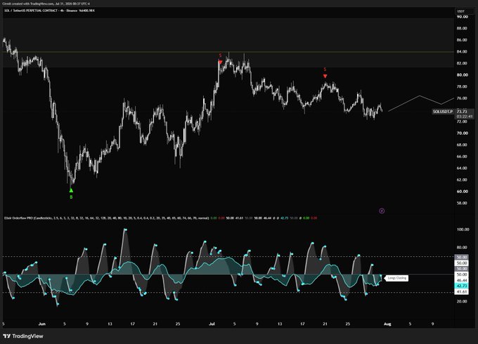 A TradingView chart of SOL/USDT Perpetual Contract on Binance shows price action ranging between roughly $59-$83 from June through late July 2025, with green "L" long and red "S" short signal markers from the "Elixir OrderFlow PWD" indicator plotted on both the price chart and the lower oscillator panel. The current SOL/USDT price is displayed at 73.73, illustrating the indicator's accurate long and short signals as referenced in the post.