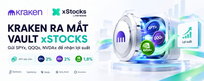 A promotional banner for Kraken's 'KRAKEN RA MẮT VAULT xSTOCKS' offering 2% APY on SPYx and QQQx, and 1.8% on NVDAx, powered by Payward.