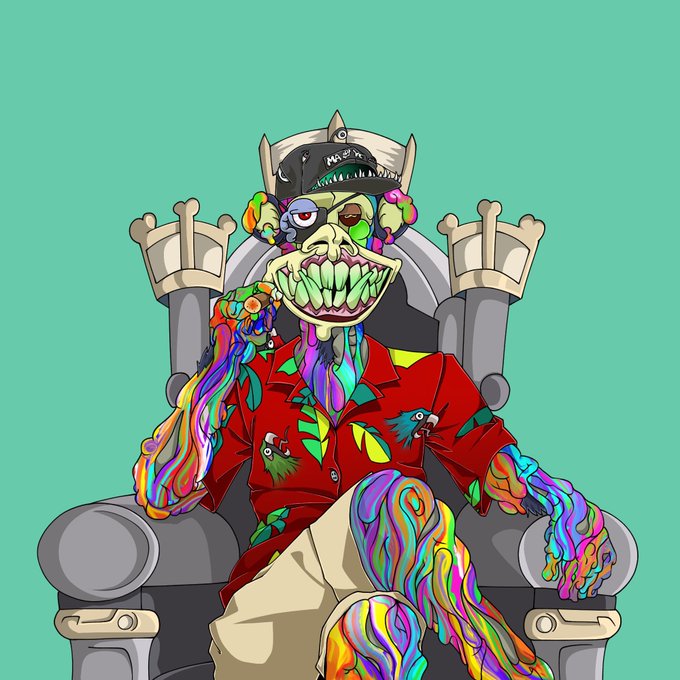 A colorful digital NFT illustration of a grotesque, green-skinned character with sharp teeth wearing a red shirt with a parrot, sitting on a grey throne against a teal background.