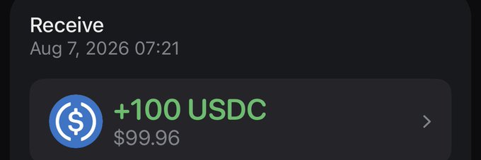 Crypto wallet transaction notification showing a received payment of "+100 USDC" ($99.96) on August 7, 2026 at 07:21.