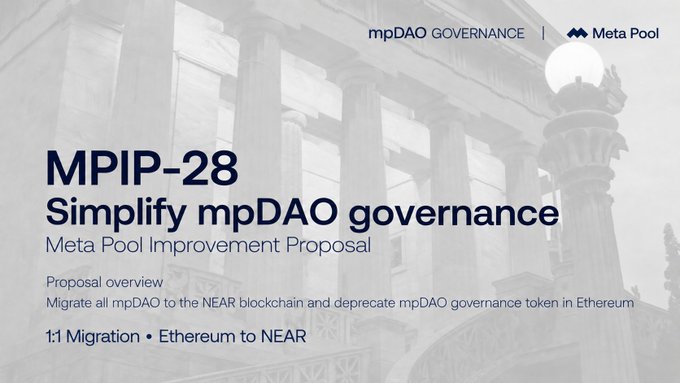 A Meta Pool governance slide titled 'MPIP-28 Simplify mpDAO governance' explaining a proposal to migrate mpDAO to the NEAR blockchain and deprecate the Ethereum governance token.
