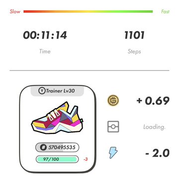 A fitness app screenshot displays a workout summary of 00:11:14 time and 1,101 steps, featuring a "Trainer Lv.30" sneaker NFT with stats and a loss of 2.0 lightning energy.