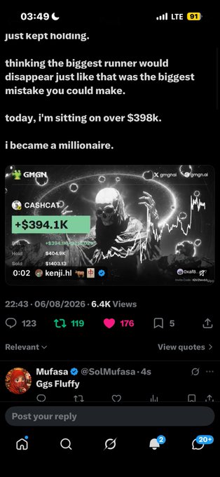A mobile phone screenshot of a social media post claiming 'i became a millionaire' and 'sitting on over $398k', featuring an image with '+ $394.1K' displayed over a grim reaper graphic, dated 06/08/2026.