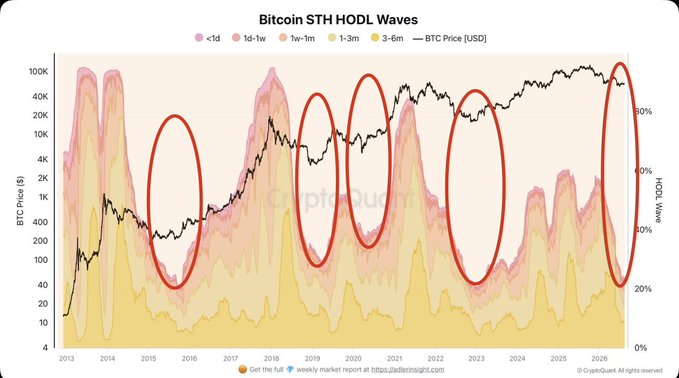 Bitcoin STH HODL Waves chart from CryptoQuant spanning 2013-2025, with red ovals highlighting historical short-term holder wave peaks at major market cycle tops.