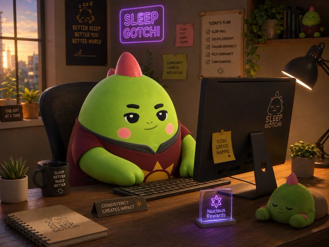 A green Sleep Gotchi mascot character works at a computer desk surrounded by motivational signs like 'BETTER SLEEP BETTER YOU BETTER WORLD' and 'Nucleus Rewards.'