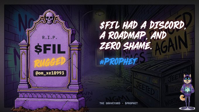 A digital meme featuring a purple tombstone with the text 'R.I.P. $FIL RUGGED @om_xe18993' alongside the caption '$FIL HAD A DISCORD, A ROADMAP, AND ZERO SHAME. AGAIN' with the hashtag #PROPHET and branding 'THE GRAVEYARD - $PROPHET'.