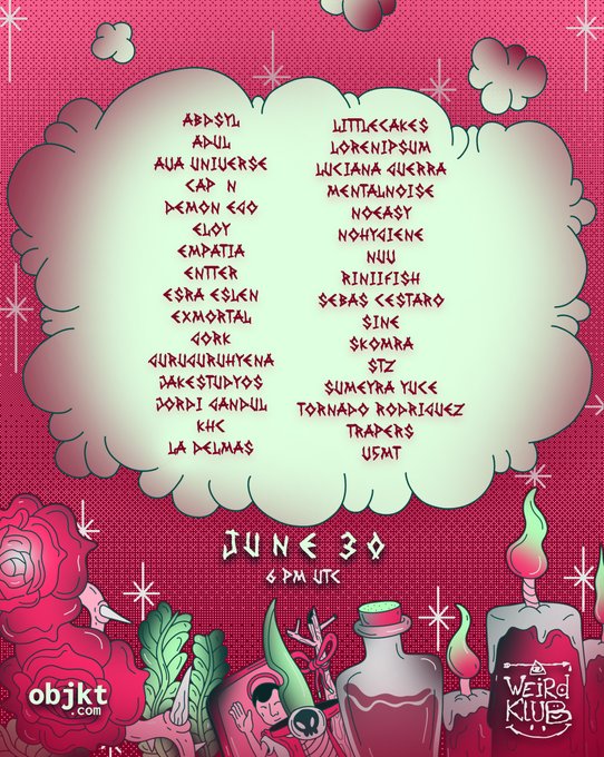 A red graphic for an event titled 'DUNE 30' at 6 PM UTC, featuring a cloud-shaped list of artist/band names including 'ADA SYL', 'CAP N', 'DEMON EGO', 'KHA', and 'SUMEYRA YUK', with logos for 'objkt.com' and 'WEIRD KLUB'.