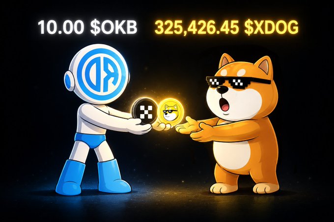 A cartoon illustration showing an astronaut character exchanging coins with a Shiba Inu dog wearing pixelated sunglasses, with text showing '10.00 $OKB' and '325,426.45 $XDOG'.