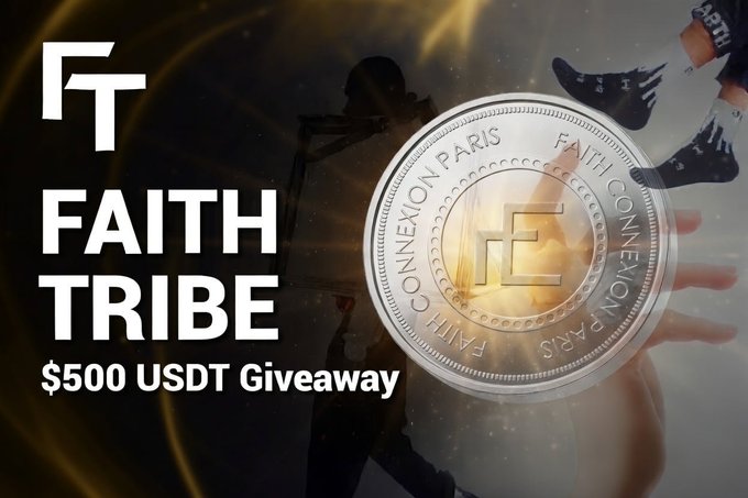 The image features a coin with the words "Faith Tribe" written on it, along with a person's hand holding up the coin. The background of the image has a black and white color scheme, which contrasts with the gold center of the coin. Below the coin, there is text that reads "@RealFaithTribe TaskOn now! Duraiton: Live now until June.23 Rewards: 500 USDT Don't miss this chance!".