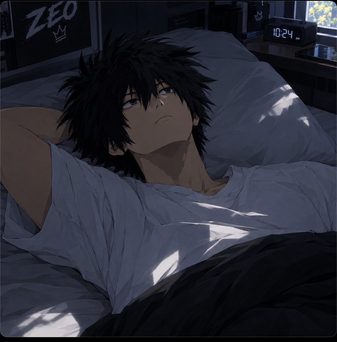Anime-style illustration of a young man with messy black hair lying in bed, with a digital clock showing 10:24 AM and 'ZEO' graffiti visible on the wall.