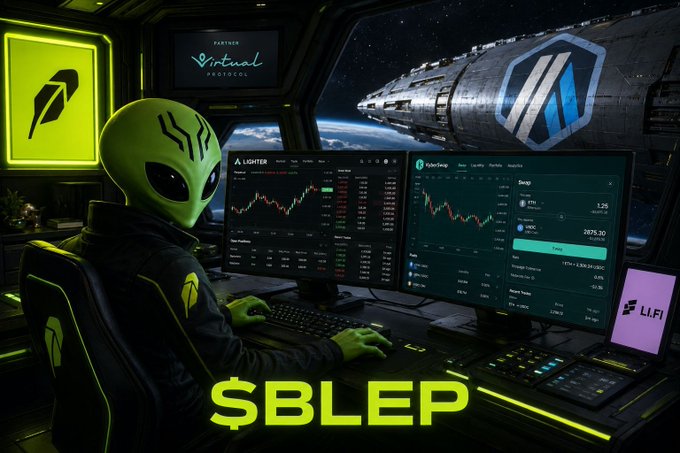 A green alien at a futuristic trading desk with multiple monitors displaying crypto charts, with logos for Virtual Protocol, Lighter, HyperSwap, and LIFI, and the text '$BLEP' in bright green.