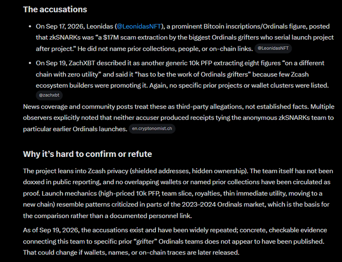 An article about zkSNARKs accusations by @LeonidasNFT and @zachxbt, discussing claims that the project is a scam extraction with no concrete evidence tying the team to prior Ordinals projects.